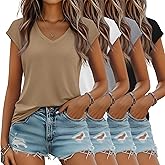 Locoowai 4 Pack Women's V Neck T Shirts Cap Sleeve Tops Trendy Short Sleeve Basic Tees Summer Casual Fashion Clothes