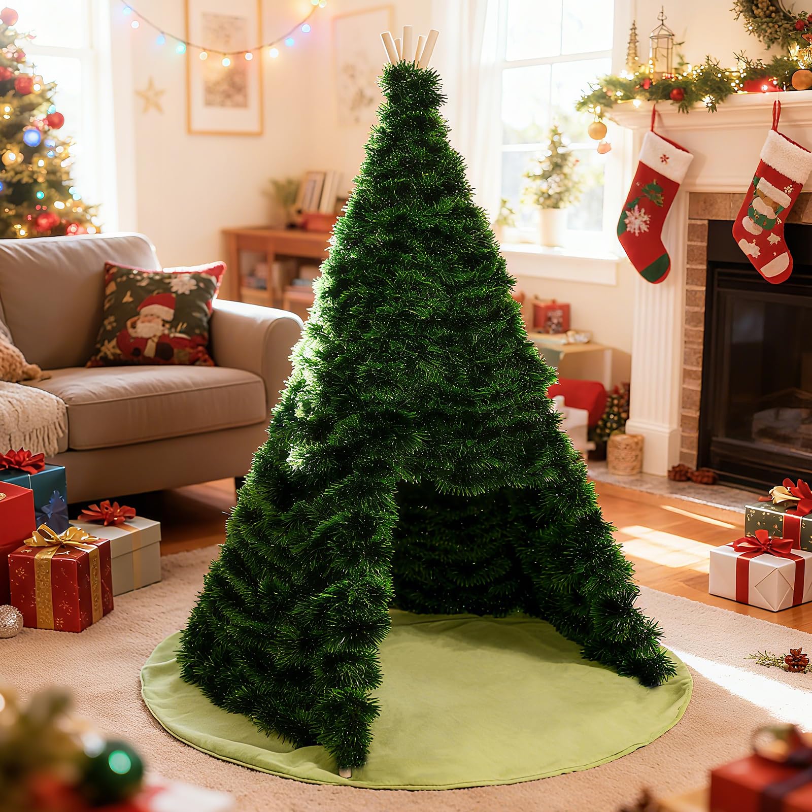 Photo 1 of Christmas Teepee Tent for Kids Play with Padded Mat and 344 Ft Green Tinsel Garland, Indoor DIY Xmas Tree House Suitable for Festive Decorations, Family Party and Weddings