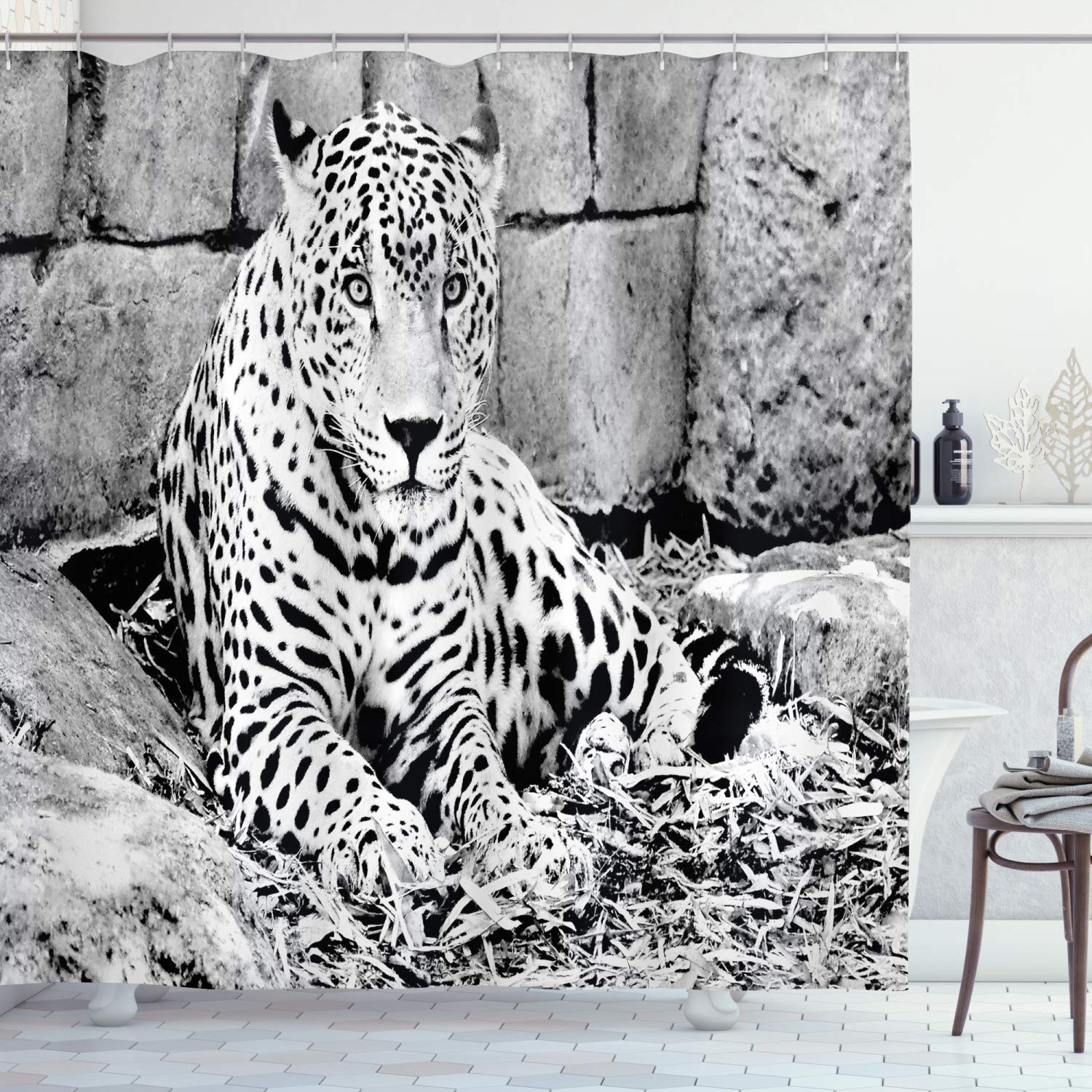 ABAKUHAUS Black and White Shower Curtain, Jaguar Wild Big Cats Theme Feline with Dots Body Fur Jungle Tiger Leopard, Cloth Fabric Bathroom Decor Set with Hooks, 78 Inches, Black White
