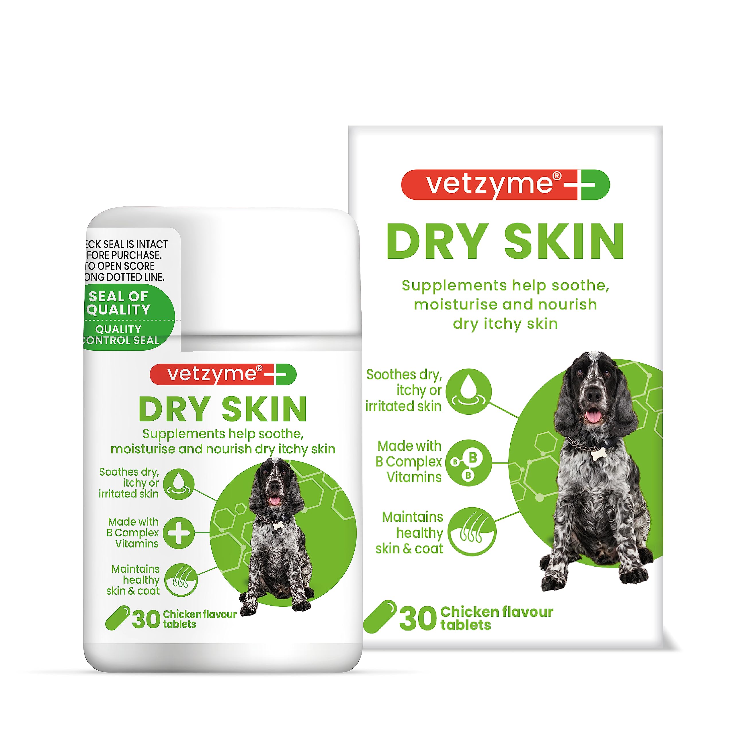 Vetzyme Dry Skin Tablets for Dogs (30 Tablets) - Dry and Itchy Skin Relief, Promotes Healthy and Smooth Skin, Tasty Chicken Flavour