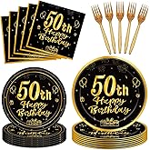 96PCS 50th Birthday Decorations Vintage 1974 Party Supplies 60 Year Old Birthday Party Decorations Cheers to 50 Years Plates Napkins Forks Black and Gold Dinnerware Favors for Men