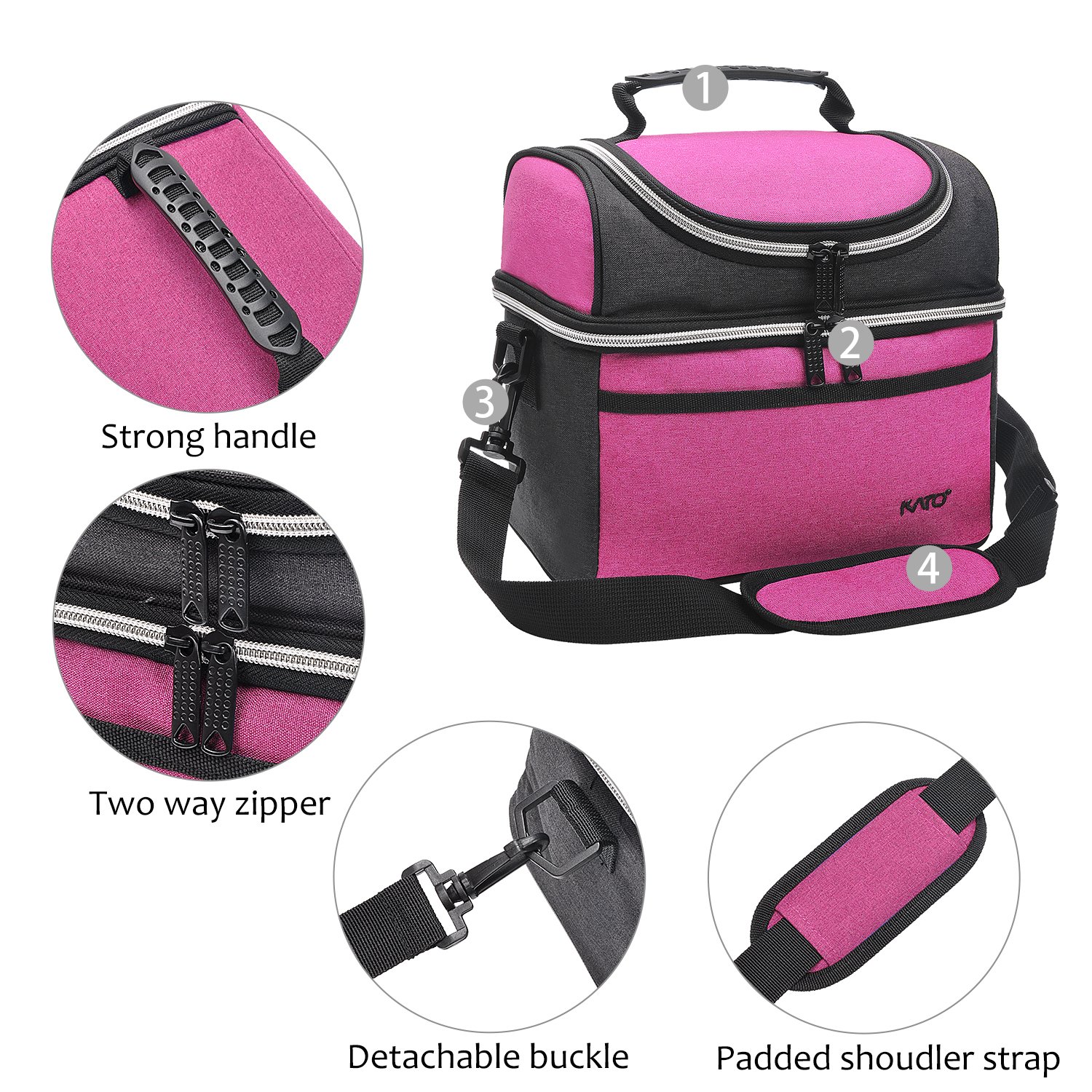 Kato Insulated Lunch Bag, Leakproof Thermal Bento Cooler Tote for Women, Dual Compartment with Shoulder Strap and Front Pocket, Oxford Cloth, Pink