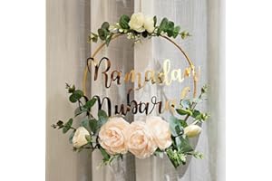 ELODIEAU Ramadan Mubarak Wreaths, Artificial Pink Camellia Wreath Decorations for Front Door, Round Metal Hoop Floral Hanging Garland, for Wall Window Indoors Outdoor Farmhouse Decor