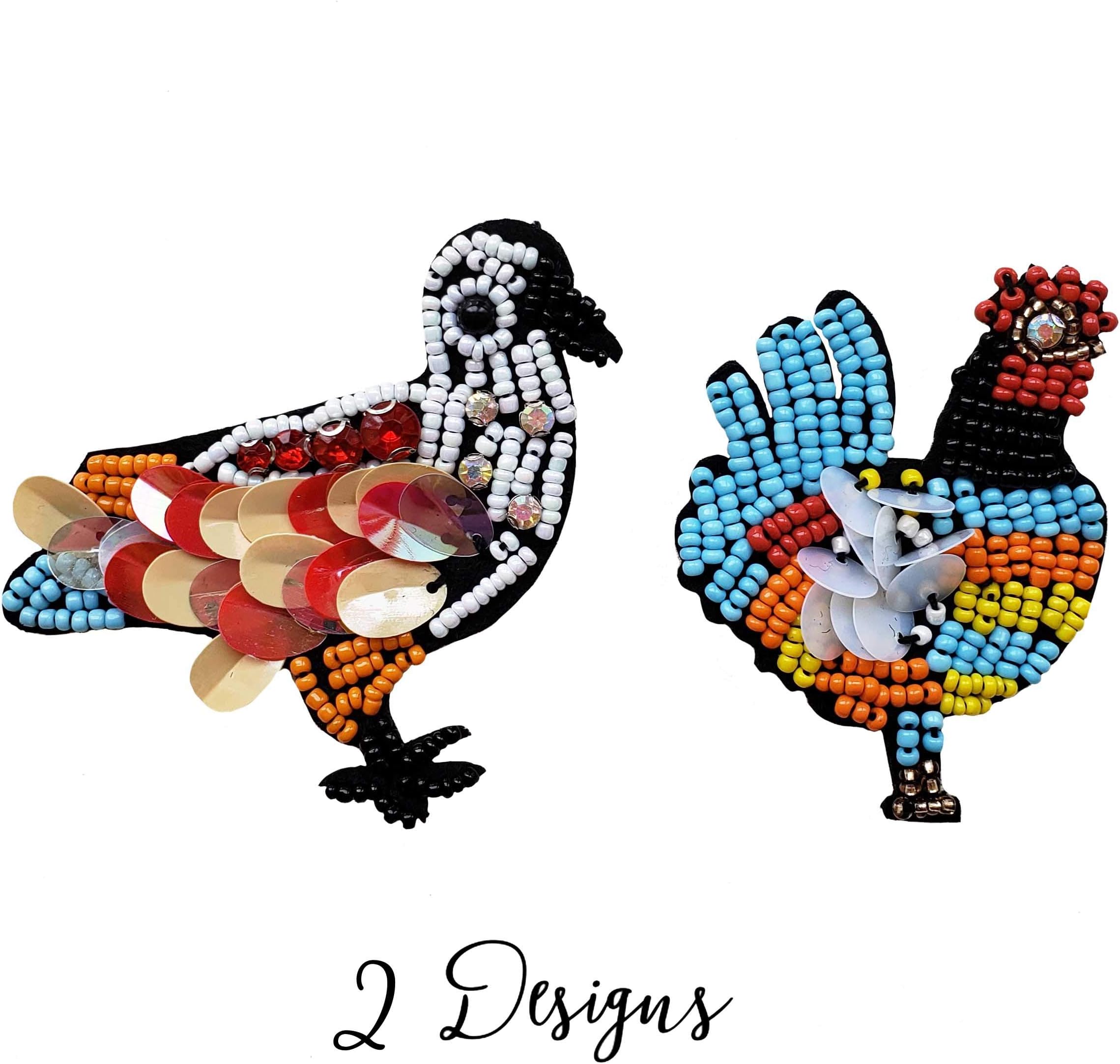 Gorgeous Sew On Glass Beads and Rhinestone Patches. Premium Fashion Patch. Cool Exclusive Applique Kit Decoration Pack. 2 different designs, Bird and hen beads in pack. White, Blue, Orange, Red (Hens)