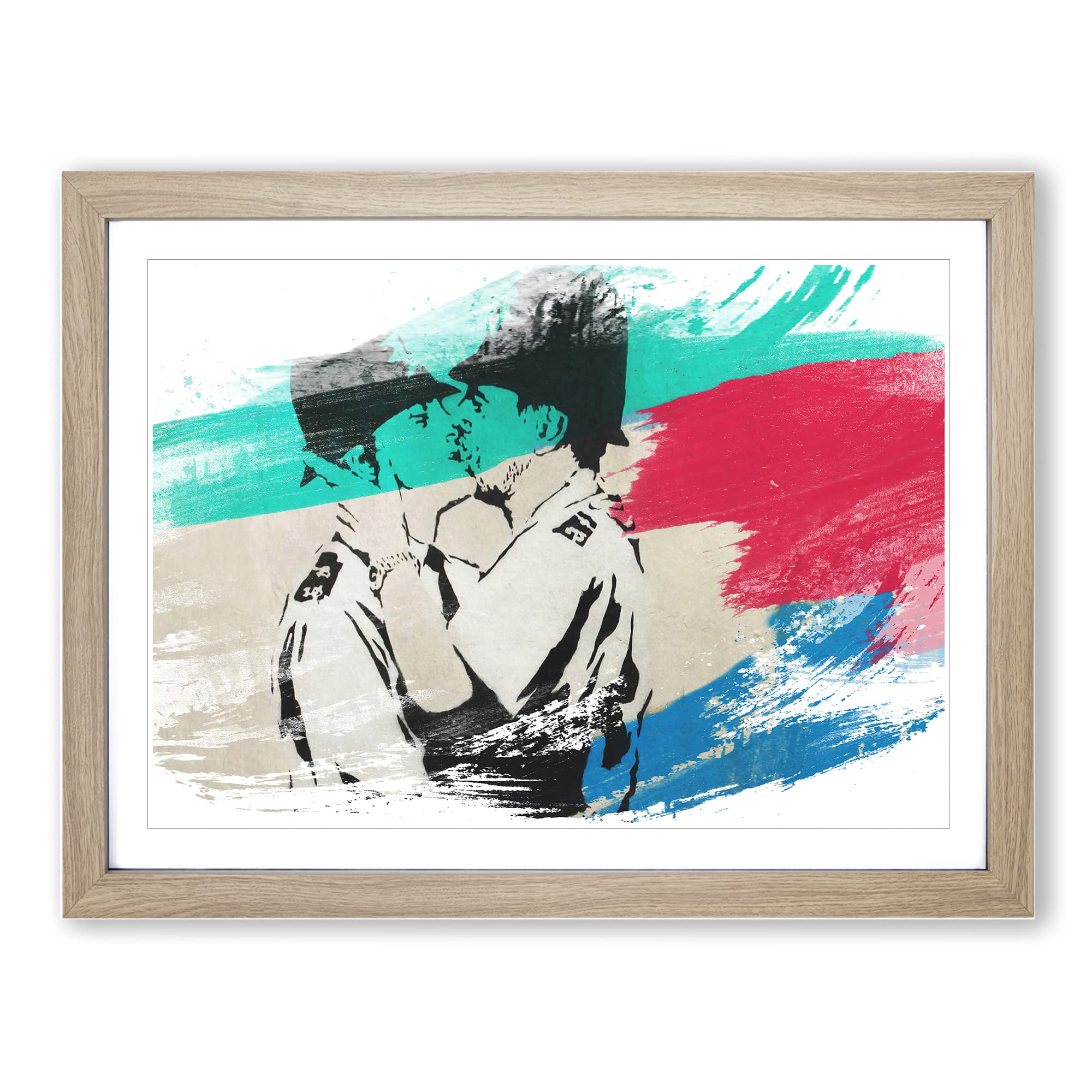 Banksy Kissing Police Policeman Graffiti Wall Art V2 Modern Framed Wall Art Print, Ready to Hang Picture for Living Room Bedroom Home Office Décor, Oak A4 (34 x 25 cm)
