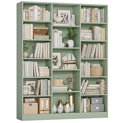 FACBOTALL Triple Wide Bookshelf, 6 Tier Large Bookshelf, Bookcase with 17 Open Display Shelves, 74'' Tall Bookcases and Bookshelves for Living Room, Home Office, Library, Green
