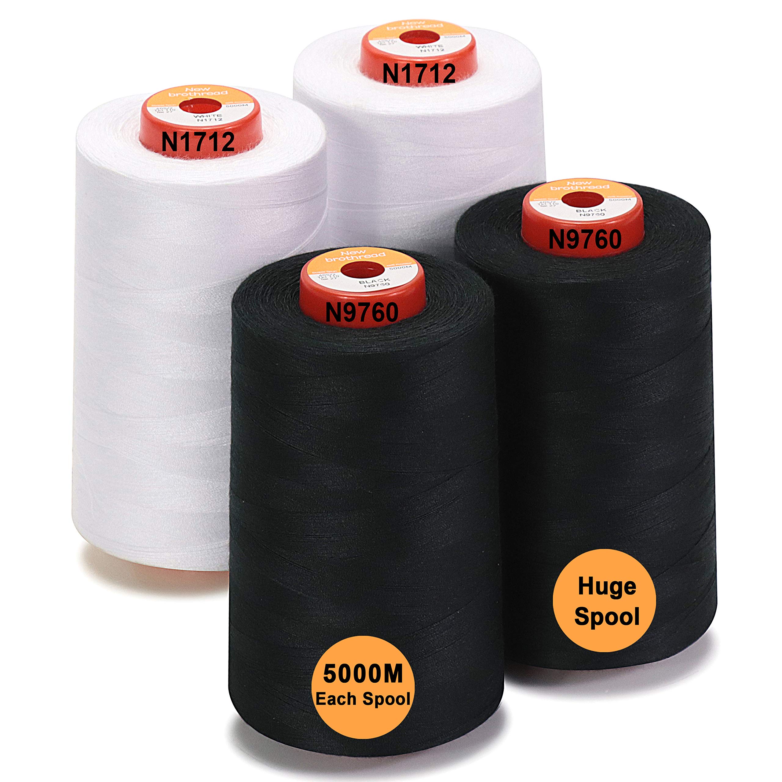 New brothread - 28 Options - 4 Large Cones of 5000M Each All Purpose Polyester Sewing Thread 40S/2 (Tex27) for Sewing, Quilting, Piecing, Serger and Overlock - 2 White + 2 Black