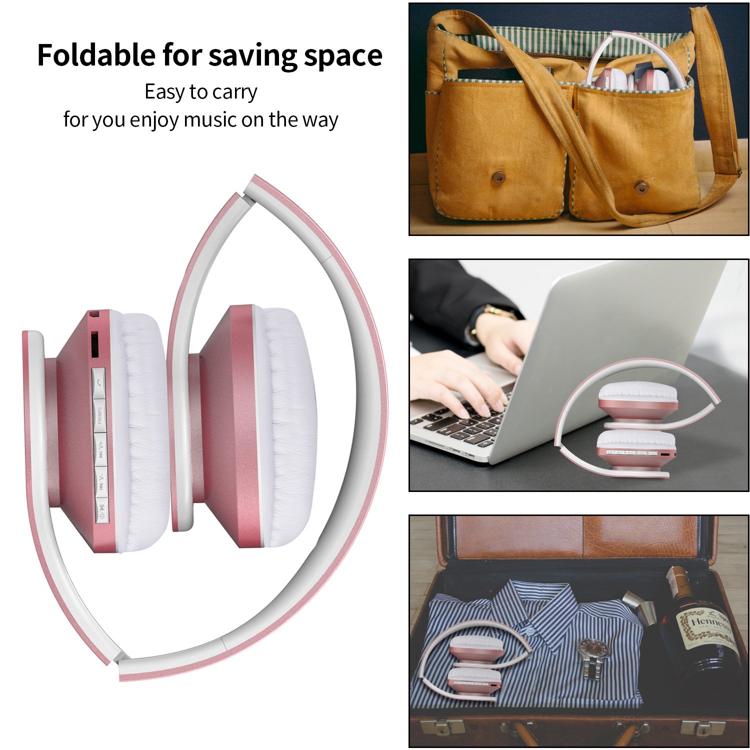 Cuffie Bluetooth 4 in 1 Pieghevole Wireless Auricolari con Mic, Lettore MP3, Radio FM, Auricolare Collegato, Regalo Cuffie Over Ear Stereo per Phone Portatili PC (oro rosa)