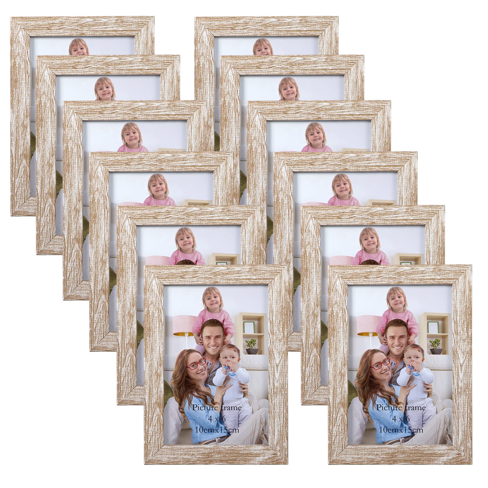 Giftgarden 6x4 Photo Frames Distressed Beige White Set of 12, Multi Rustic Grain 4 by 6 Photo Frames Bulk for Wall or Tabletop Display