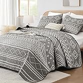 Yiran Queen Size Quilt Grey, Boho Stripe Fall Bedspreads Bedding Set, Aztec Bohemian Farmhouse Lightweight Coverlet Set with 2 Shams for Bed 96x90 Inch