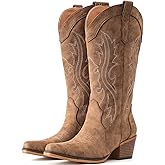 IUV Cowboy Boots For Women Western Cowgirl Boots with Chunky Heel Mid Calf Snip Toe Ideal for low insteps