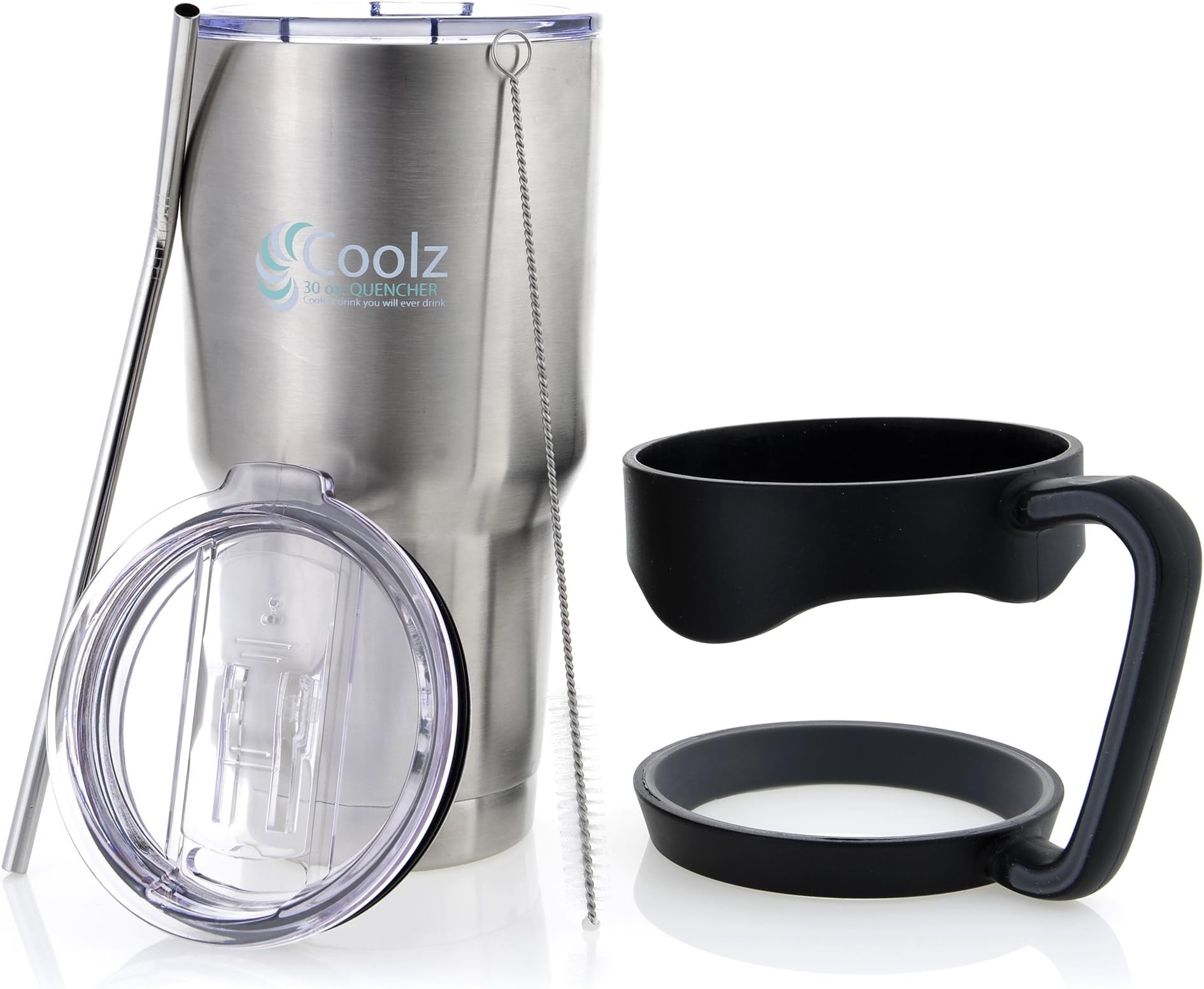 30 oz Double Wall Insulated Stainless Steel Coolz Tumbler With Firm Grip Handle, Long Stainless Steel Straw, Clearer and 2 Slick Splash Proof Lids Premium Bundle