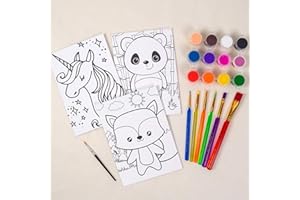 Horizon Group USA Pre-Printed Canvas Art Set. Ready to Paint 5" x 7" Canvas Panels, 12 Tempera Paints, 6 Easy-Grip Assorted Paintbrushes Included. Panda, Fox & Glitter Unicorn