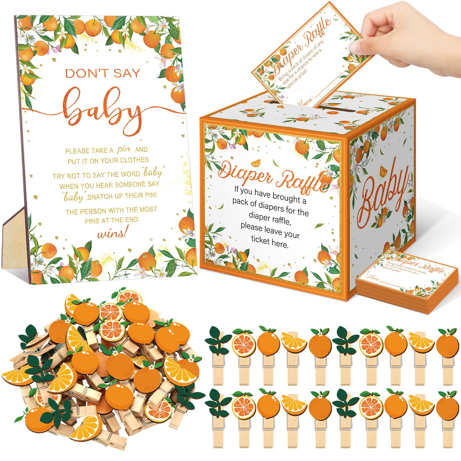 Photo 1 of Cinnvoice 102 Pcs Baby Shower Game Supplies Diaper Raffle Ticket with Diaper Raffle Card Box Don't Say Baby Sign Mini Clothespin Game Decor for Gender Reveal Favor (Orange,Cutie)