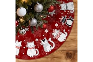 Christmas Tree Skirt 36 Inch, Red Tree Skirt Cute Cats Christmas Mat Rug for Home Party Decor, Xmas Winter Decorations