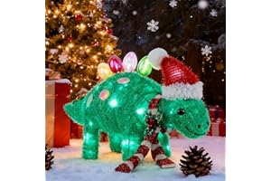 Hausse Lighted Christmas Outdoor Decor, Pre-Lit 3D Tinsel Xmas Green Stegosaurus Figure 25"L x 13"H, Light Up Xmas Dinosaur Yard Displays, Plug in for Holiday Party New Year Winter Patio Lawn Garden