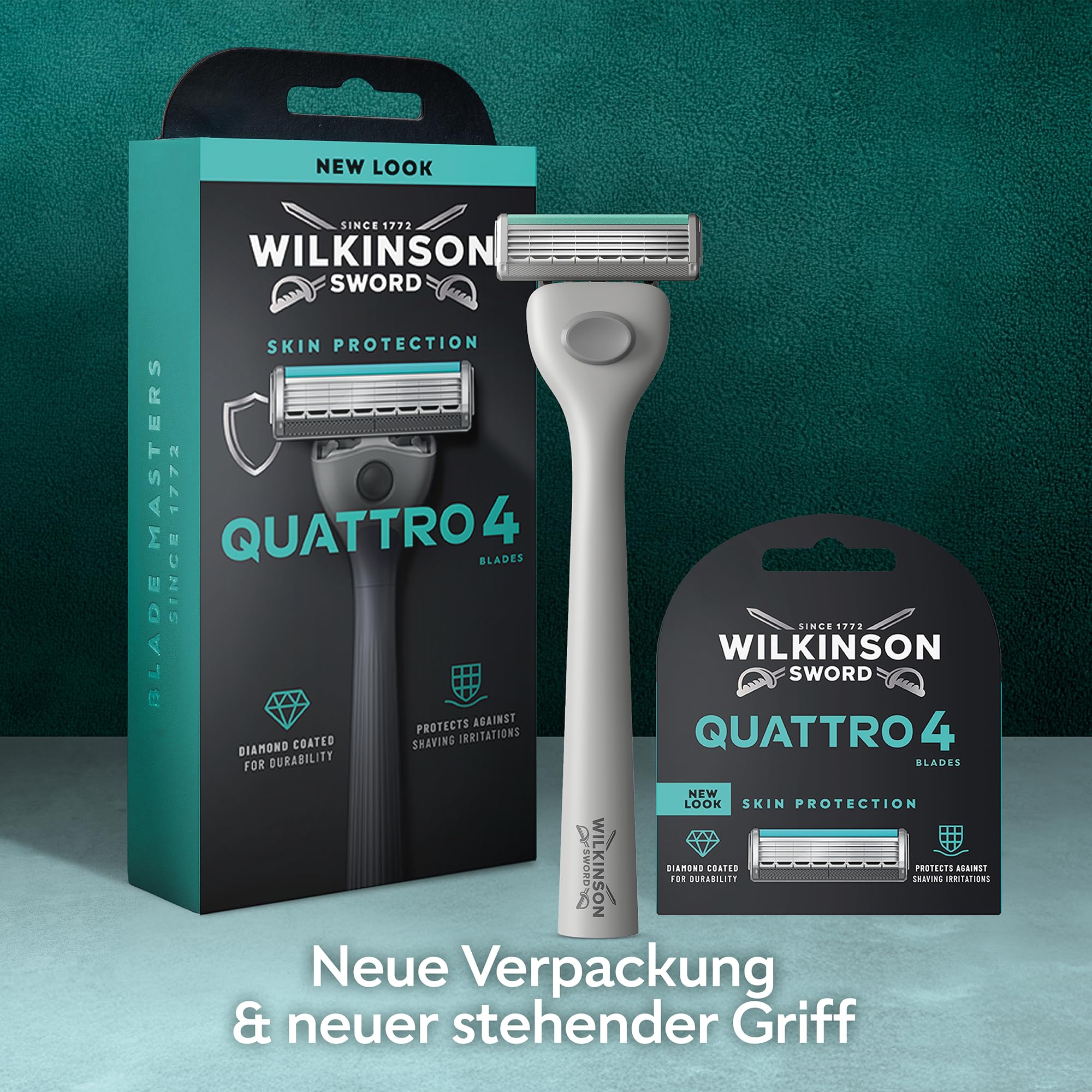 Wilkinson Sword Quattro Herrenrasierer, Vorteilspack, 4 diamantbeschichtete Klingen, Rasierergriff plus 5 Ersatzklingen 7