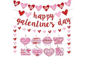 Deneo Happy Galentine's Day Banner, Red Glittery Galentine’s Day Decorations with Heart Garland Hanging Swirls, Ladies Girls Happy Valentine’s Day Party Decorations Photo Prop