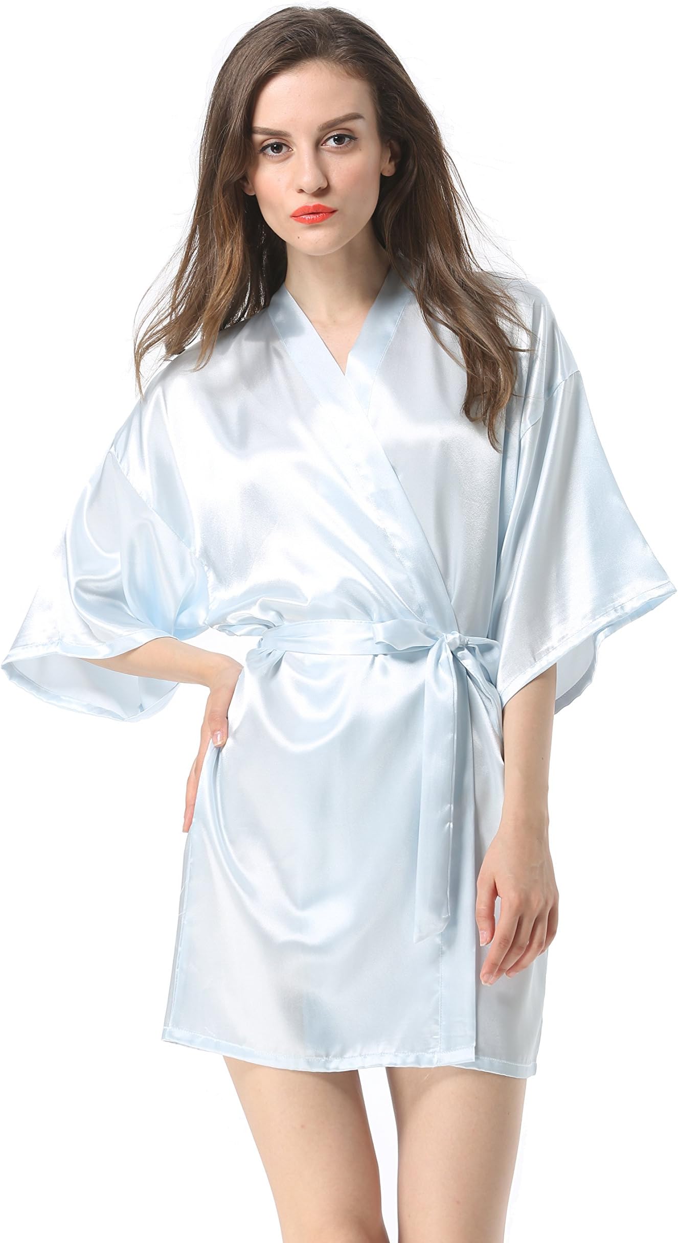Women's Satin Plain Short Kimono Robe Bathrobe