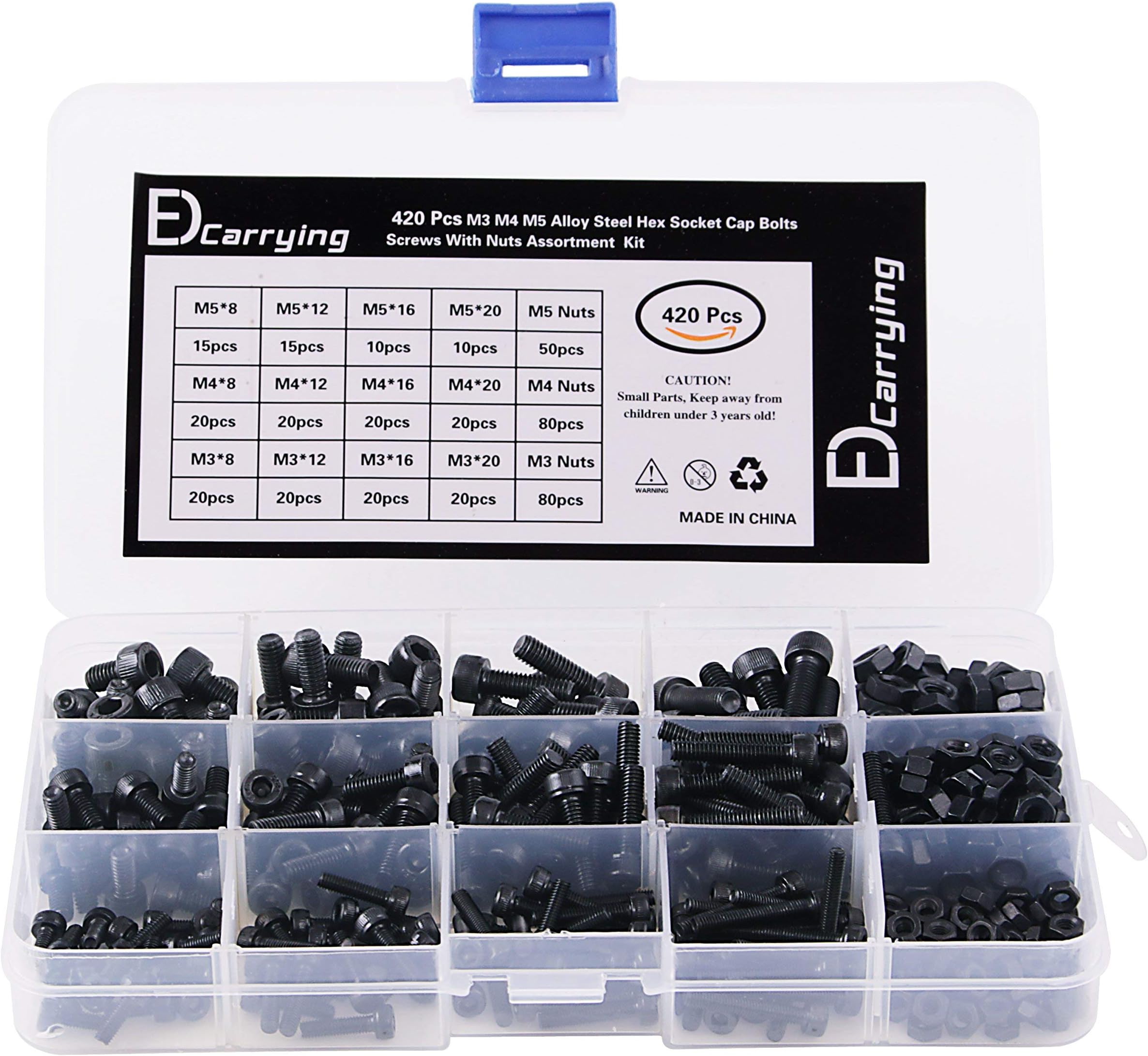 EDCarrying 420 Pcs M3 M4 M5 Alloy Steel Hex Socket Cap Bolts Screws with Nuts Assortment Kit, Black Oxide Finish 12.9 Grade SN-420B