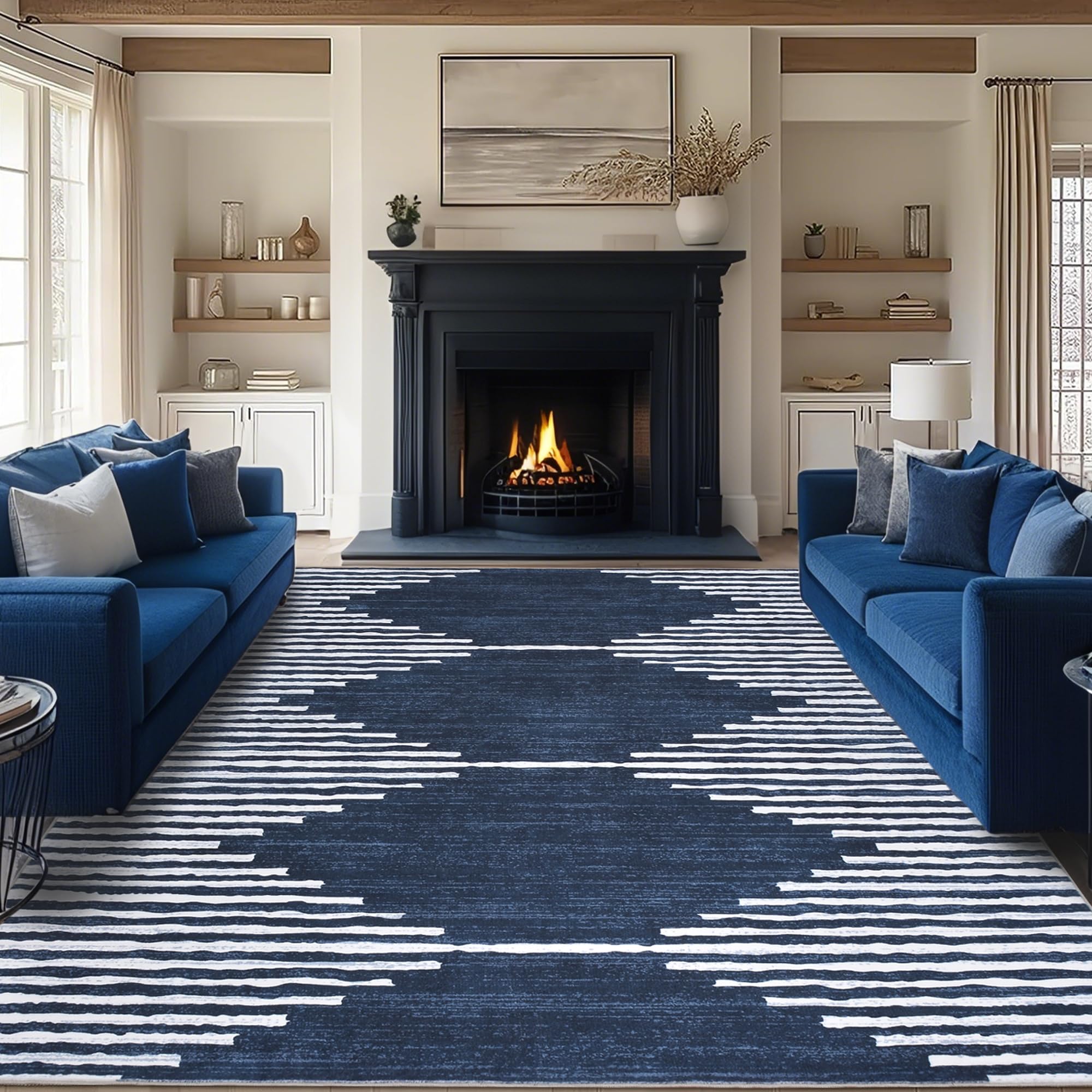 Photo 1 of HelloTree Area Rug for Living Room 8x10 Washable Geometric Moroccan Rug Stripe Farmhouse Bohemian Minimalistic Non Slip Non Shedding Ultra Thin Soft Rug for Bedroom Office DiningRoom Nursery-Blue