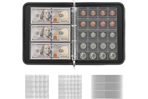 ALIJOY Coin Collection Book, Coin Holders for Collectors, 300 Pockets Fireproof Coins Album and 36 Paper Currency Binder Sleeves, Currency Organizer for Bill, Pennies, Stamp