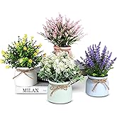 WOODWORD Fake Potted Plants - 4pcs Artificial Plants & Flowers in Macaron Pot Small Faux Plants Indoor Fake Plant Decor, Desk Plant for Home Bathroom Kitchen Shelf Office Decor