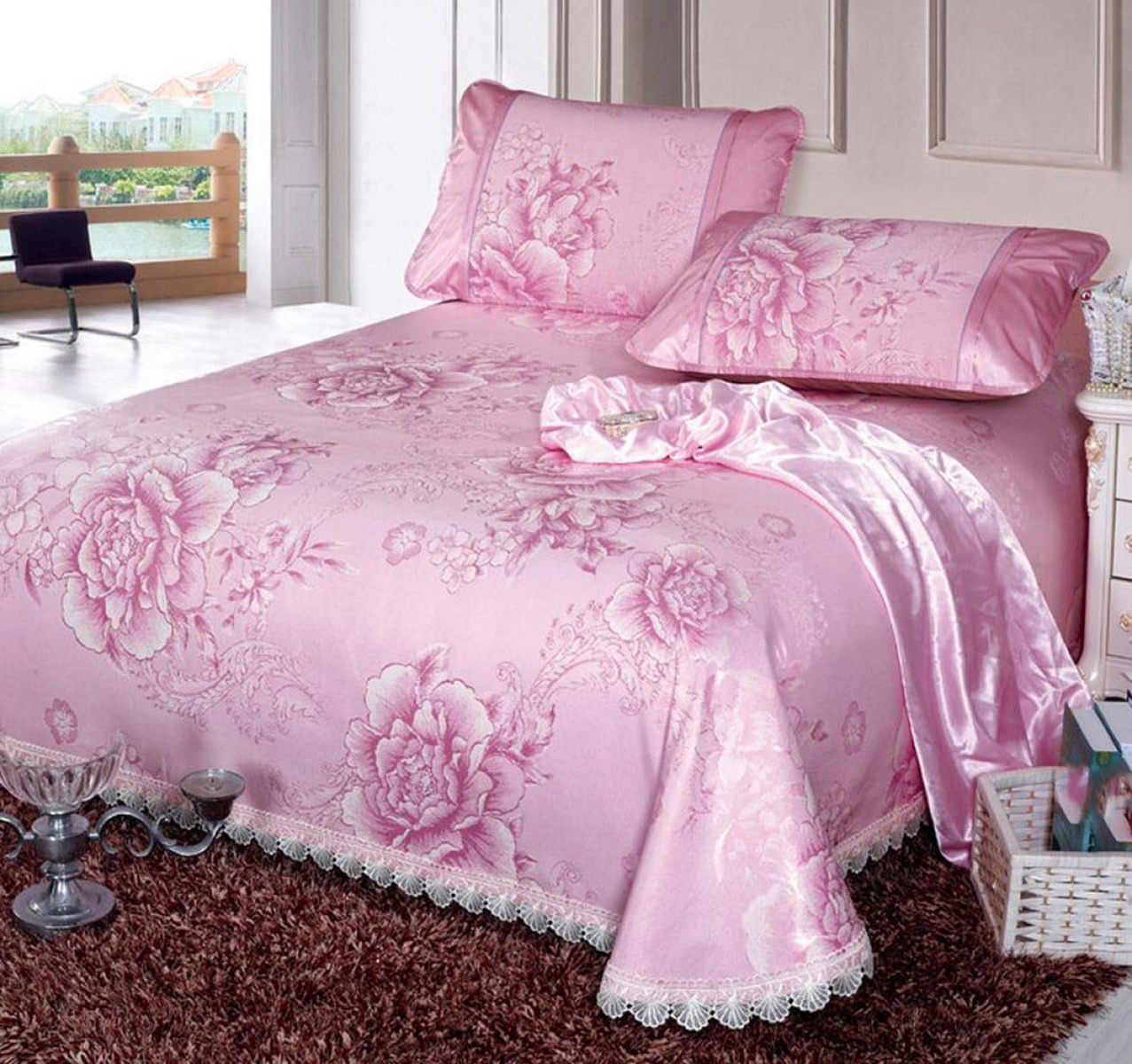 YXMAHW Ice Silk Water Washing Bed Skirt Three - Piece European - Style Lace Liangxi Suite Ice Silk Air - Conditioned Mattress Bed Cover,Pink