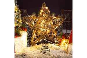 Rattan Natural Star Christmas Tree Topper - Rustic Farmhouse Xmas Treetop with 50 Warm LED Lights for Indoor Christmas Tree D