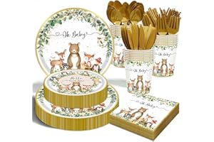 OUNIY Woodland Baby Shower Party Supplies - 175 Pcs Safari Jungle Animal Wild Animal Party Decorations Nature Sage Plates Napkin Cups Spoons Forks Knives Tableware Set, Serves 25 Guests