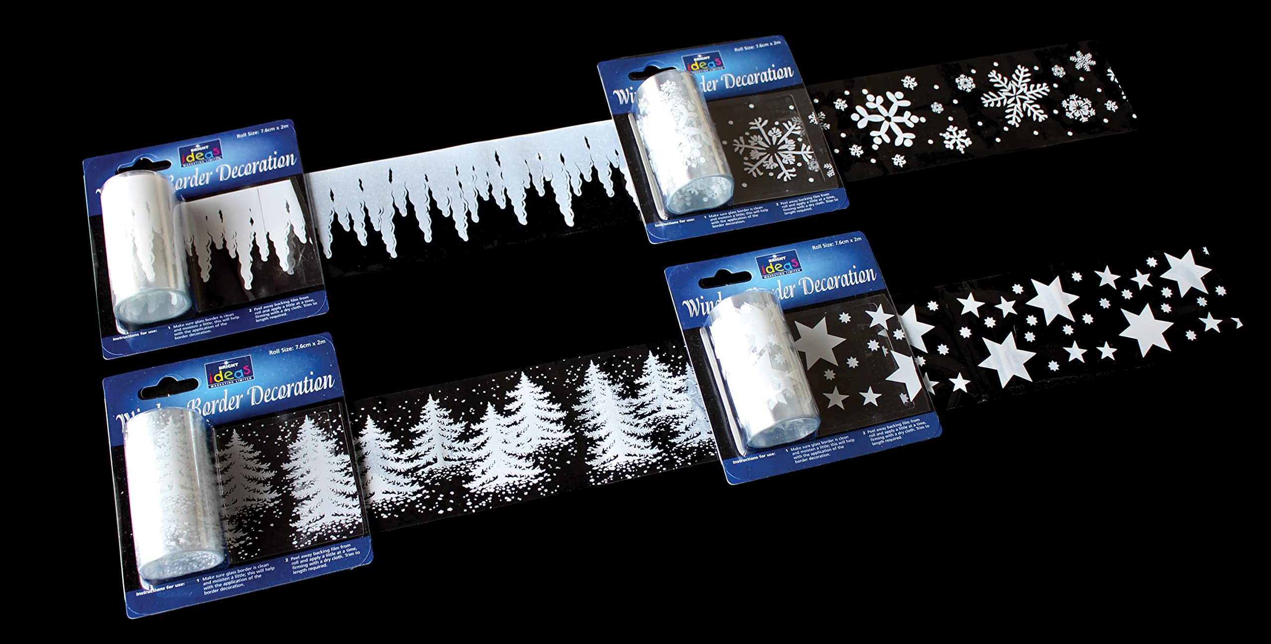 Bright Ideas Christmas Sticker Decoration for Seasonal Window Cling Display for Festive Crafts, Pack of 4 Designs in White Each 7.5cm x 2meters. Icicle, Snowflake, Christmas Tree, and Star