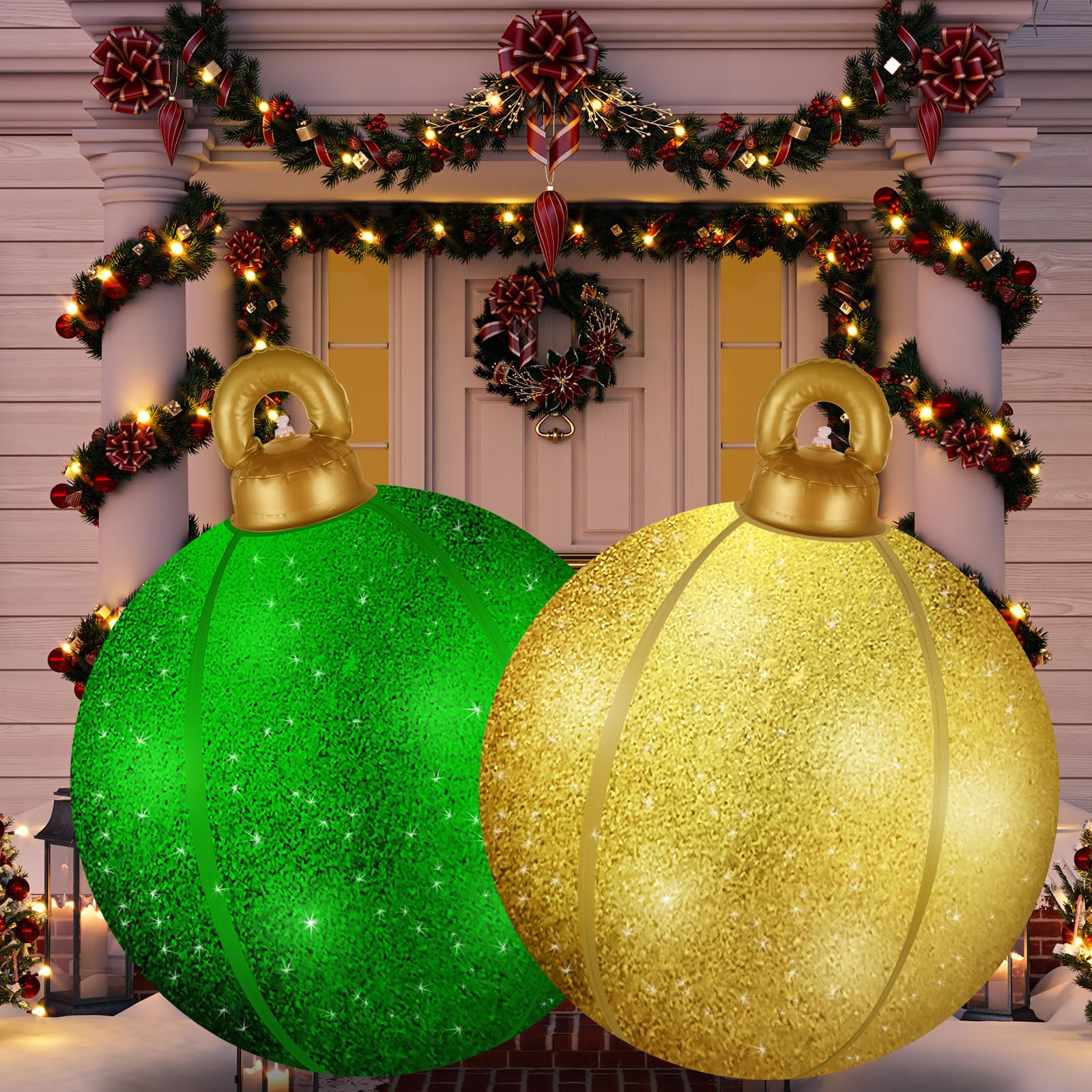 Photo 1 of 24 Inch Inflatable Christmas Ornament Balls, 2 Pack Large Glitter Blow Up Decorations – Sparkling Reusable Outdoor & Indoor Holiday Balls for Yard, Lawn, Porch & Tree (Green+Gold)