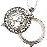Artisan Owl Tree of Life 4x Magnifier Magnifying Glass Sliding Top Pendant Necklace (Silver Tone)