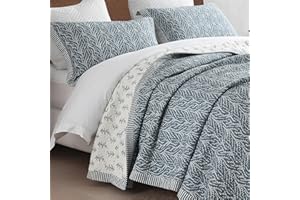 SahSahCasa Quilt Set King Size, 100% Cotton Quilt Bedding Set Bedspread, Botanical Pattern Solid Color Chic Lightweight Quilted Comforter for King Bed, White/Grayish-Blue, All Season, 3 Pieces