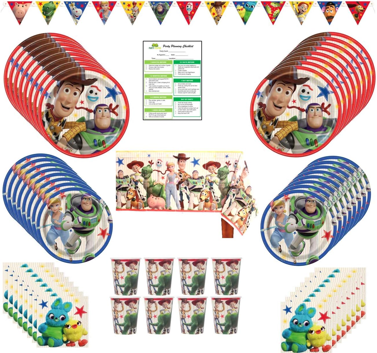 Toy Story Birthday Party Supplies Pack: Big Lunch Plates, Small Dessert Plates, Cups, Napkins, Table Cover, Banner - Kit for 16 Guests