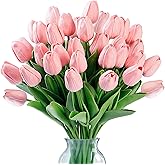 Sggvecsy 15 Pcs Fake Tulips Artificial Flowers Real Touch PU Faux Flowers Tulip Stems for Wedding Spring Bouquet Floral Arrangement Home Party Office Decorations for Mother's Day (Milk Pink)