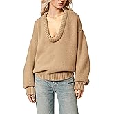 ICOBID Women's Oversized U Neck Pullover Sweater Long Sleeve Knitted Sweater Chunky Trendy Fall Winter Sweater Tops Khaki