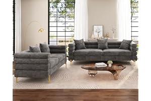 AMERLIFE Sofa, Oversized Sofa- 2 Piece Set Sofa Couch, 3 Seater Sofa, Comfy Loveseat for Living Room- Bouclé Deep Seat Sofa Grey