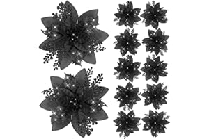 Canlierr 12 Pieces 5.7 Inch Christmas Poinsettia Flower Christmas Glitter Artificial Flower with Clips Xmas Tree Ornament for Wreath Garland Party Decor (Black)