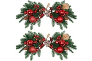 HiiARug Pine and Berry Christmas Swag, 2pcs 21" Artificial Winter Swag with Red Berries Bow Knot Xmas Swags for Front Door, Window, Mantel Decor, Wall Decor(Red)