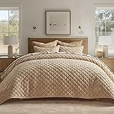 EVERGRACE Luxury Velvet Quilt Set Queen Size, Diamond Quilted Lightweight Velvet Comforter for All Season, Ultra Soft Oversized Bedspread Coverlet Bedding Set with 2 Pillow Shams, Beige Taupe
