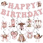 Yunlly Cowgirl Coquette Bow Birthday Party Decorations Western Hanging Swirls Happy Birthday Banner Pink Disco Balloon Rodeo Bachelorette Decor Supplies for Baby Shower Birthady Party Favors