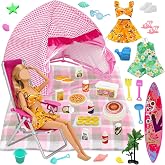 35 Pcs Travel Camping Playset for 11.5 Inch Girl Dolls, with 1 Tent 1 Picnic Mat 1 Chair 1 Surfboard, 12 Beach Toys 13 Camping Food Accessories 2 Summer Outfits, Adventure Toy for Outdoor Pretend