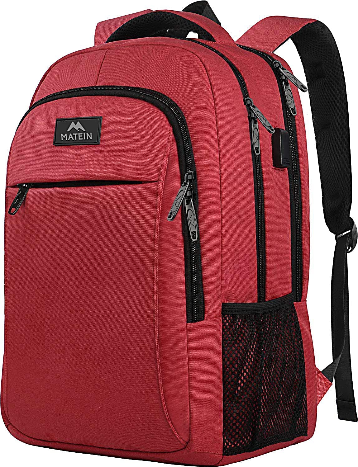 MATEIN Travel Laptop Backpack, 15.6 Inch Computer Backpack with Laptop Compartment USB Charging Port, Men Laptop Rucksack Anti Theft Water Resistant Work Office Bag for Women, Red