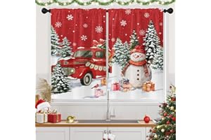 Arttown Christmas Kitchen Curtains, Snowman Xmas Tree Red Truck Snowflakes Short Window Drapes Set of 2, Winter Window Treatment Tier Curtains for Kitchen Over Sink Dining Room Decor (26x36 Inch)