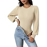 Zeagoo Women 2026 Long Puff Sleeve Sweater Fall Slim Fit Pullover Tops Crewneck Ribbed Knit Bodysuit Jumpsuit