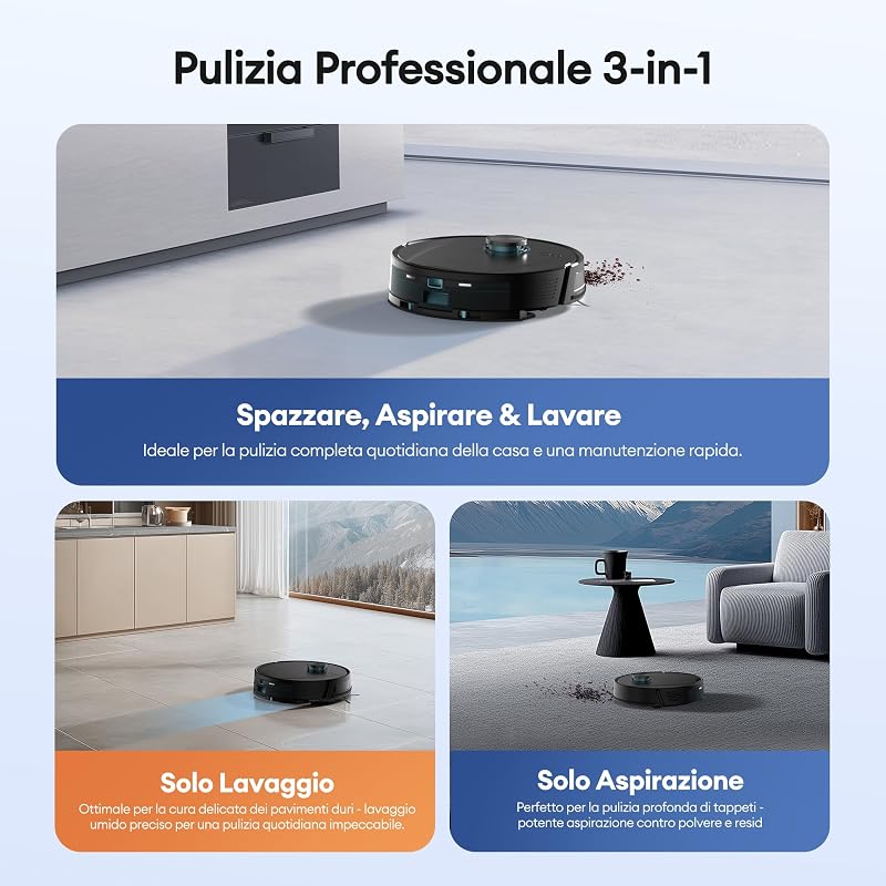 T20Pro+ Robot Aspirapolvere Lavapavimenti con Mappatura 10000Pa, 200Min, Autosvuotamento 3.5L, Navigazione LiDAR Rilevamento Ostacoli, Aspirapolvere Robot Lavapavimenti e Controllo App/Alexa