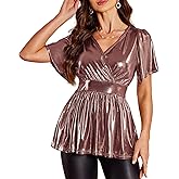 VIDUSSA Sparkly Peplum Tops for Womens - Ruffle Sleeve Blouse Wrap Metallic Glitter V Neck Shirts Party Tunic Tops
