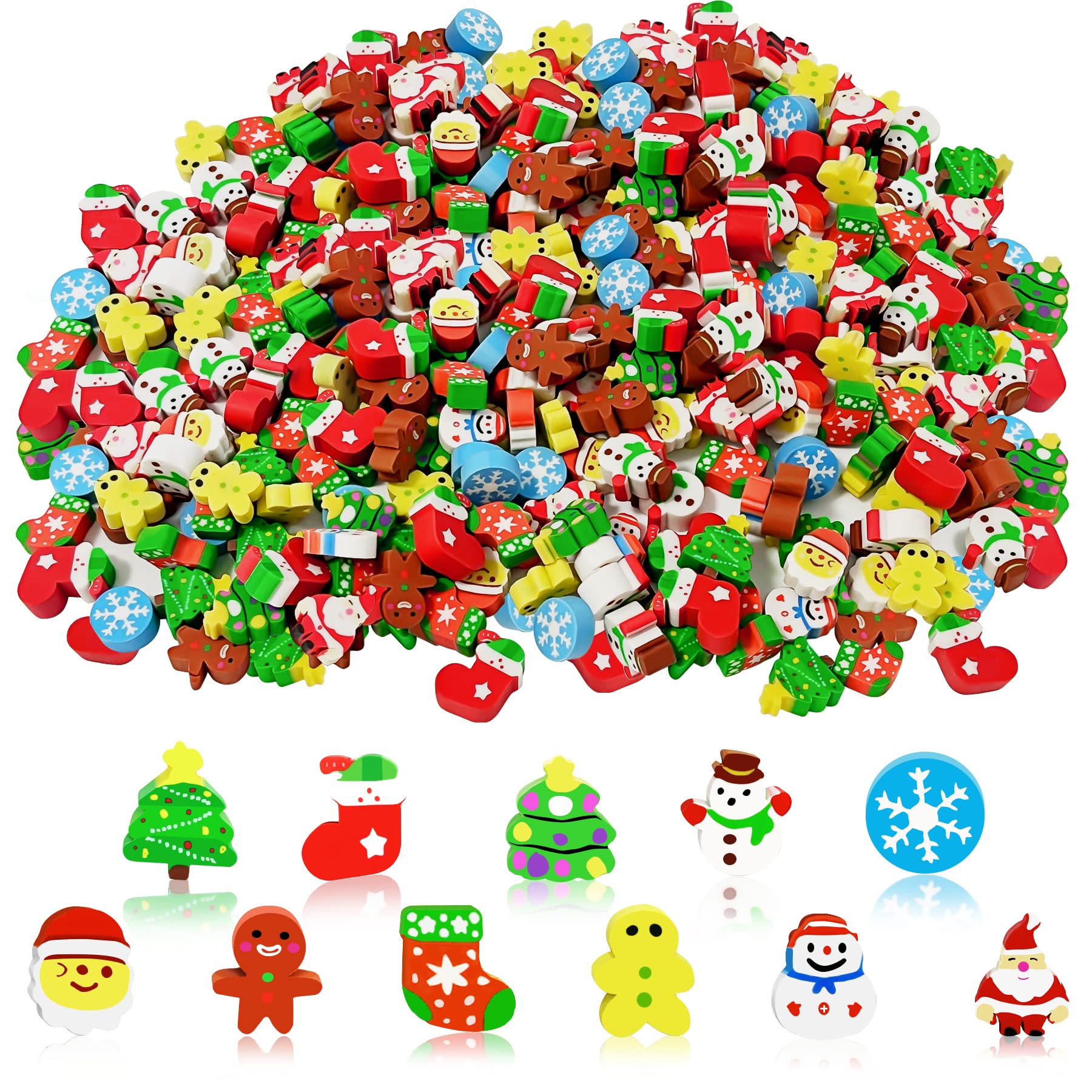JUNEBRUSHS 150 Pcs Christmas Mini Erasers for Kids, Cute Small Animal Erasers Bulk for Kids Desk Pets Christmas Pencil Erasers Socks Santa Snowflakes Gift Filling Homework Classroom Rewards Prizes