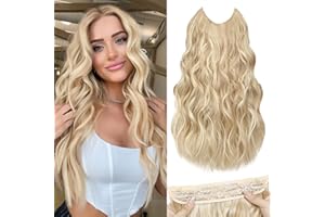 MORICA Invisible Wire Hair Extensions - 20 Inch Hair Extensions Halo Ash Blonde Mix Bleach Blonde Long Wavy Synthetic Hairpiece with Transparent Wire Adjustable Size, 4 Secure Clips for Women